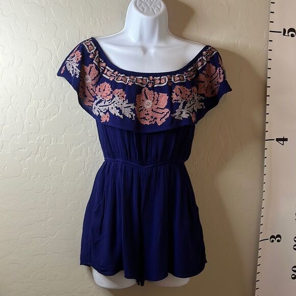 Blue Rain romper navy blue pink embroidery cape like top elastic waist size XS - Picture 3 of 14